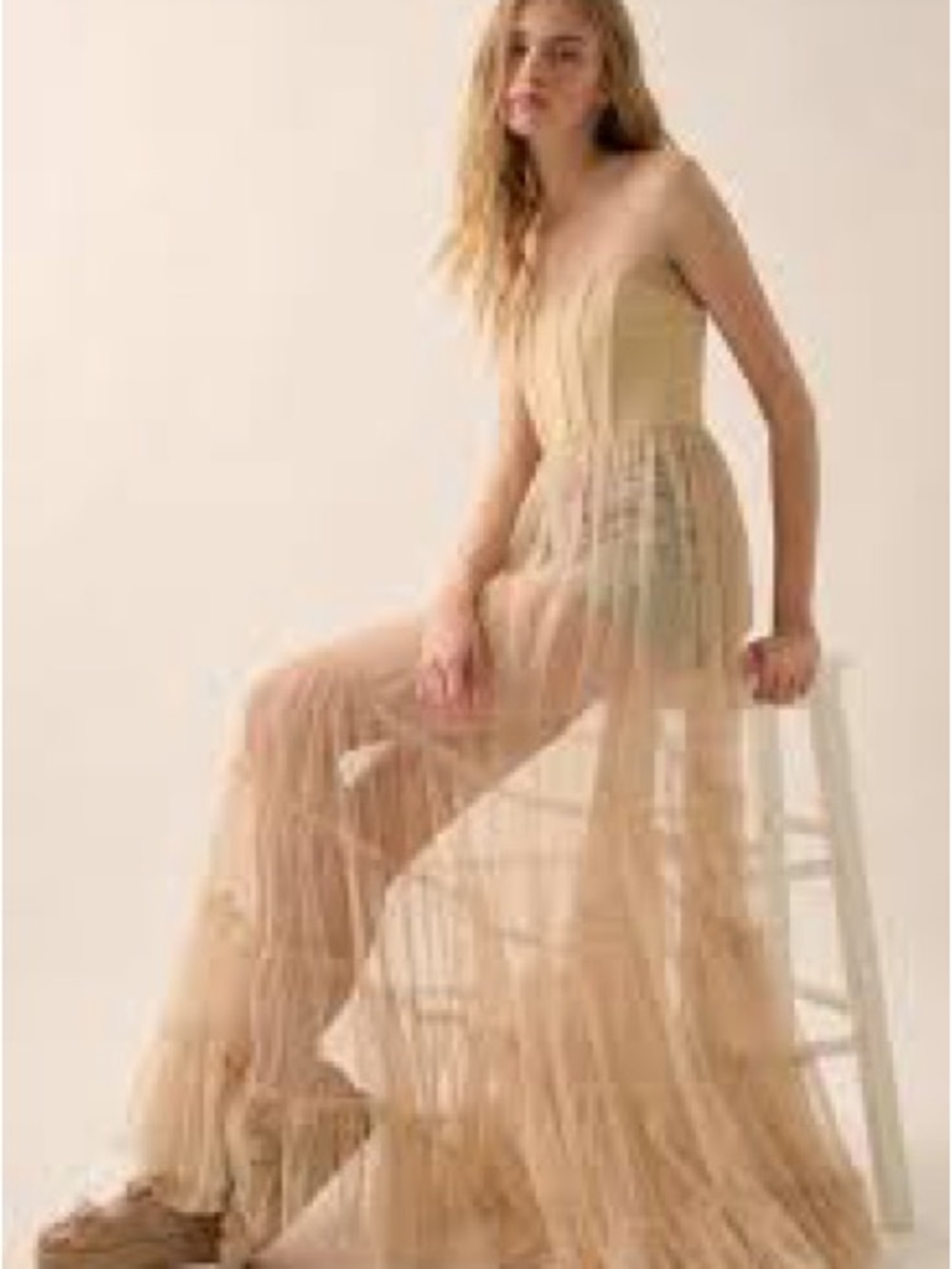 Promesa Strapless Sheer Tulle Gown in Beige